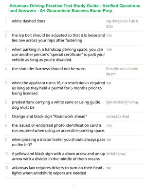 Preview of Arkansas Driving Practice Test Study Guide - Verified Questions and Answers - A+ Guarantee