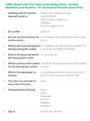 Preview of CMSC Driver's Ed Test Flash Cards Study Guide - Verified Questions and Answers - A+ Guaran