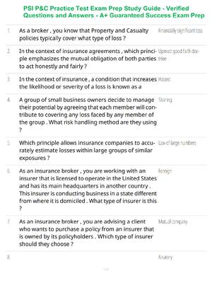 Preview of PSI P&C Practice Test Exam Prep Study Guide - Verified Questions and Answers - A+ Guarante
