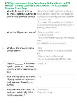Preview of PSI Psychopharmacology Exam Study Guide - Based on PSI Manual - Verified Questions and Ans