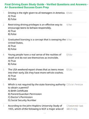 Preview of Final Driving Exam Study Guide - Verified Questions and Answers - A+ Guaranteed Success Ex