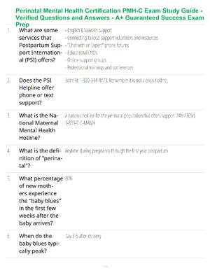 Preview of Perinatal Mental Health Certification PMH-C Exam Study Guide - Verified Questions and Answ