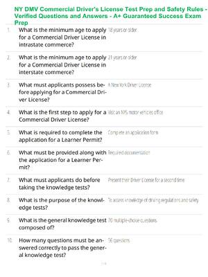 Preview of NY DMV Commercial Driver's License Test Prep and Safety Rules - Verified Questions and Ans