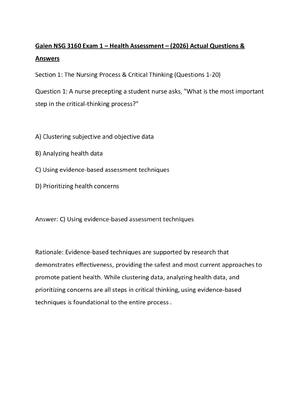 Preview of Galen NSG 3160 Exam 1 – Health Assessment – (2026) Actual Questions &amp; Answers