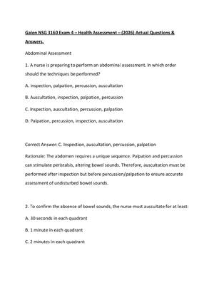 Preview of Galen NSG 3160 Exam 4 – Health Assessment – (2026) Actual Questions &amp; Answers.