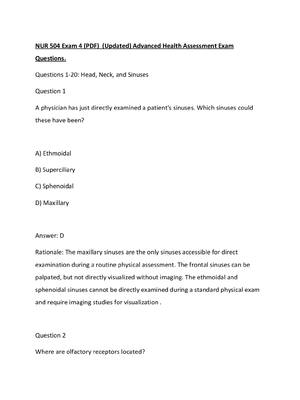 Preview of NUR 504 Exam 4 (PDF)  (Updated) Advanced Health Assessment Exam Questions.