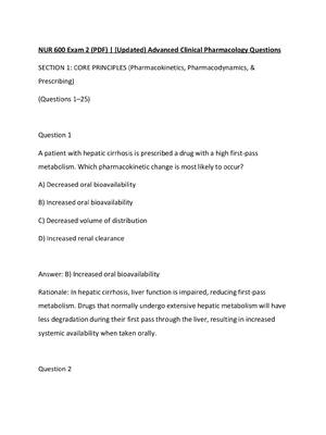 Preview of NUR 600 Exam 2 (PDF)  (Updated) Advanced Clinical Pharmacology Questions