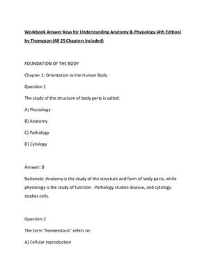 Preview of Workbook Answer Keys for Understanding Anatomy & Physiology (4th Edition) by Thompson (All