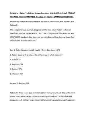 Preview of New Jersey Radon Technician Review Questions  ALL QUESTIONS AND CORRECT ANSWERS  VERIFIED