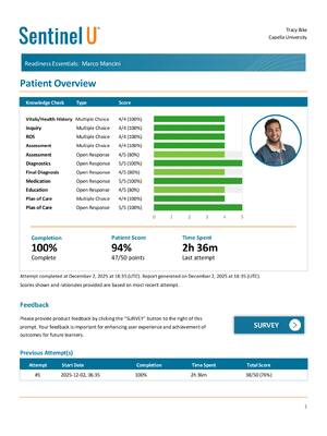Preview of Sentinel U Marco Mancini Simulation - PTSD Case - Full Report, Answers & Clinical Feedback