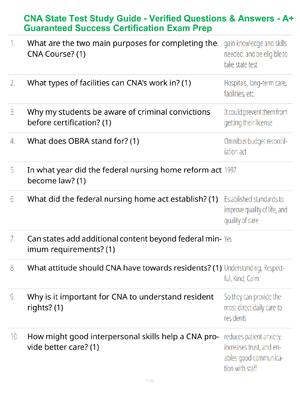 Preview of CNA State Test Study Guide - Verified Questions & Answers - A+ Guaranteed Success Certific