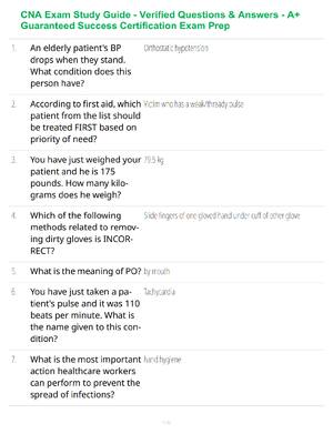 Preview of CNA Exam Study Guide - Verified Questions & Answers - A+ Guaranteed Success Certification