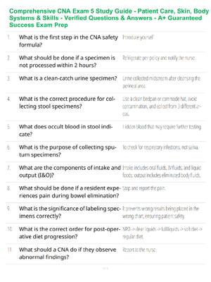 Preview of Comprehensive CNA Exam 5 Study Guide - Patient Care, Skin, Body Systems & Skills - Verifie