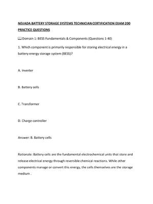 Preview of NEVADA BATTERY STORAGE SYSTEMS TECHNICIAN CERTIFICATION EXAM 200 PRACTICE QUESTIONS