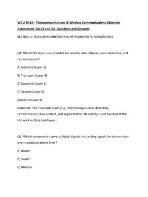 Preview of WGU D413 – Telecommunications &amp; Wireless Communications Objective Assessment  OA V1 and V2  Questions and Answers