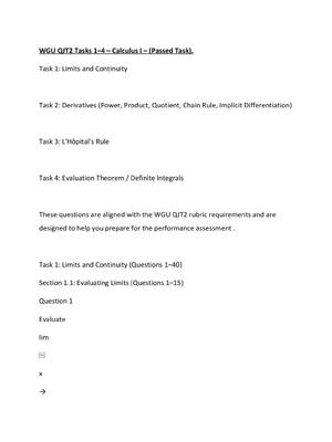 Preview of WGU QJT2 Tasks 1–4 – Calculus I – (Passed Task).