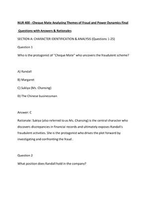 Preview of NUR 400 - Cheque Mate Analyzing Themes of Fraud and Power Dynamics Final