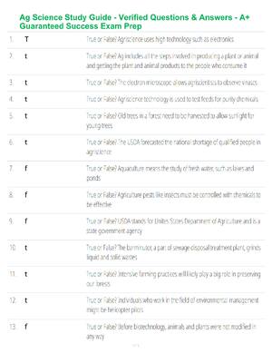 Preview of Ag Science Study Guide - Verified Questions & Answers - A+ Guaranteed Success Exam Prep
