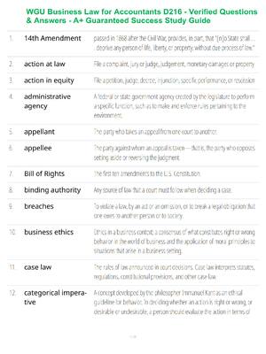 Preview of WGU Business Law for Accountants D216 - Verified Questions & Answers - A+ Guaranteed Succe