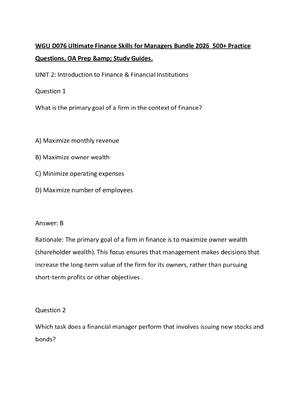 Preview of WGU D076 Ultimate Finance Skills for Managers Bundle 2026  500+ Practice Questions, OA Pre