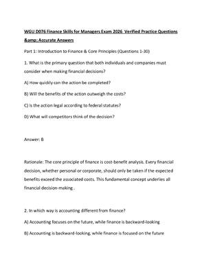 Preview of WGU D076 Finance Skills for Managers Exam 2026  Verified Practice Questions