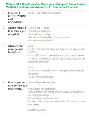 Preview of Private Pilot Checkride Oral Questions - Complete Exam Review - Verified Questions and Ans