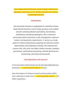 Preview of Iowa Dental Board Infection Control Study Guide Exam Questions and Answers for Dental Infe