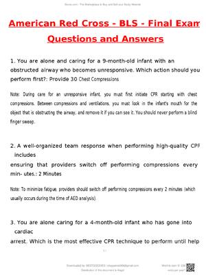 Preview of American Red Cross BLS Final Exam (Latest 2026 / 2027 Update) Questions and Verified Answers | 100% Correct | Grade A+