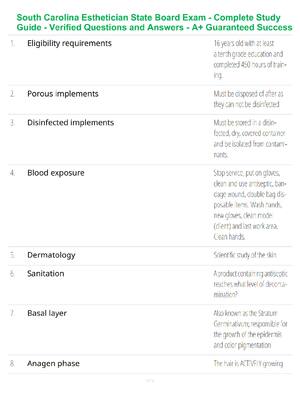 Preview of South Carolina Esthetician State Board Exam - Complete Study Guide - Verified Questions an