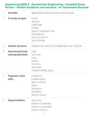 Preview of Engineering MOD 2 - Aeronautical Engineering - Complete Exam Review - Verified Questions a