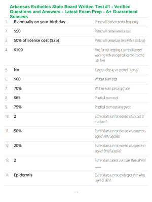 Preview of Arkansas Esthetics State Board Written Test #1 - Verified Questions and Answers - Latest E