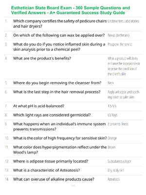 Preview of Esthetician State Board Exam - 360 Sample Questions and Verified Answers - A+ Guaranteed S