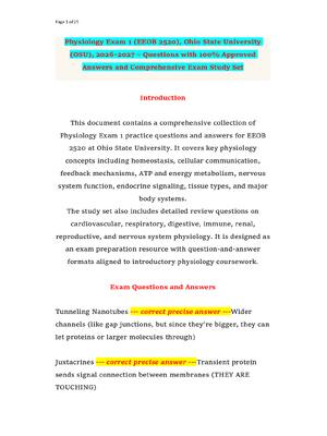 Preview of Physiology Exam 1 (EEOB 2520), Ohio State University (OSU), 2026–2027 – Questions with 100