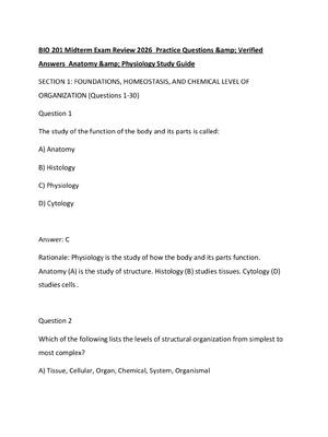 Preview of BIO 201 Midterm Exam Review 2026  Practice Questions &amp; Verified Answers  Anatomy &amp;