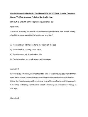 Preview of Herzing University Pediatrics Final Exam 2026  NCLEX-Style Practice Questions &amp; Verifi