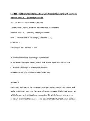 Preview of Soc 201 Final Exam Questions And Answers Practice Questions with Solutions Newest 2026 202