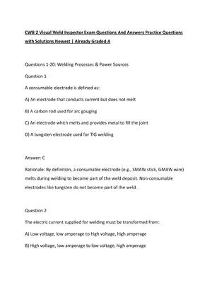 Preview of CWB 2 Visual Weld Inspector Exam Questions And Answers Practice Questions with Solutions N