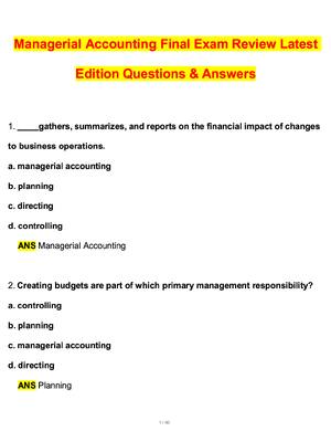 Preview of Managerial Accounting Final Exam Review Actual 2026 Questions and Correct Answers (Latest