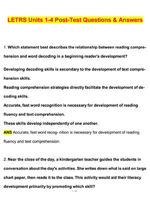 Preview of LETRS Units 1-4 Post Test Actual 2026 Questions and Correct Answers (Latest 2026 / 2027 Update) Graded A+ Verified by Experts