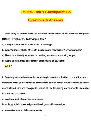Preview of LETRS Unit 1 Checkpoint 1-8 Actual 2026 Questions and Correct Answers (Latest 2026 / 2027 Update) Graded A+ Verified by Experts