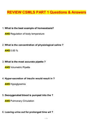 Preview image for CSMLS PART 1 Exam REVIEW Actual 2026 Questions and Correct Answers (Latest 2026 / 2027 Update) Graded A+ Verified by Experts