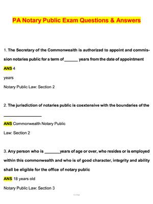Preview of PA Notary Public Exam Actual 2026 Questions and Correct Answers (Latest 2026 / 2027 Update) Graded A+ Verified by Experts
