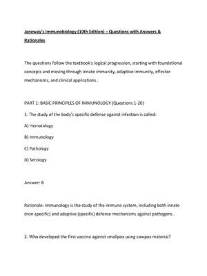 Preview of Janeway's Immunobiology (10th Edition) – Questions with Answers & Rationales