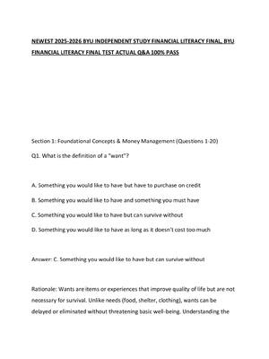 Preview of NEWEST 2025-2026 BYU INDEPENDENT STUDY FINANCIAL LITERACY FINAL, BYU FINANCIAL LITERACY FI