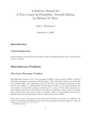 Preview of Solution Manual for A First Course In Probability 7th Edition (2007) By Sheldon Ross