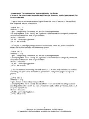 Preview of Test Bank for Accounting for Governmental and Nonprofit Entities,18e (Reck) A+ Latest