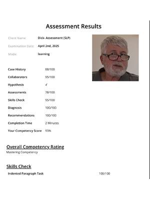 Preview of Virtual Clinical Simucase: Dick- Assessment (SLP) | Complete Transcript Assessement - Answ