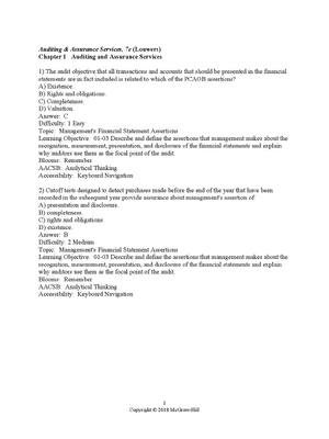 Preview of Test Bank for Auditing &amp; Assurance Services, 7th Edition by Louwers A+ Latest