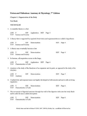 Preview of Test Bank for Patton and Thibodeau: Anatomy &amp; Physiology, 7th Edition Latest A+