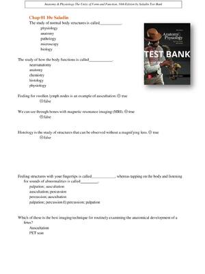 Preview of Test Bank for anatomy and physiology the unity of form and function 10th ed by saladin test bank A+